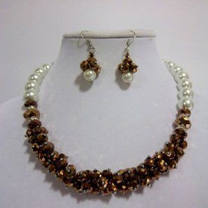 Handmade Gold Rodell Crystal and White Pearl Beaded Necklace and Earring Set